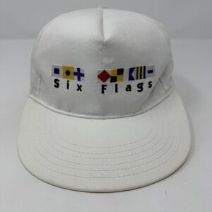 Vintage Six Flags Hat Cap Snapback White Nautical Embroidered Mens USA 90s
